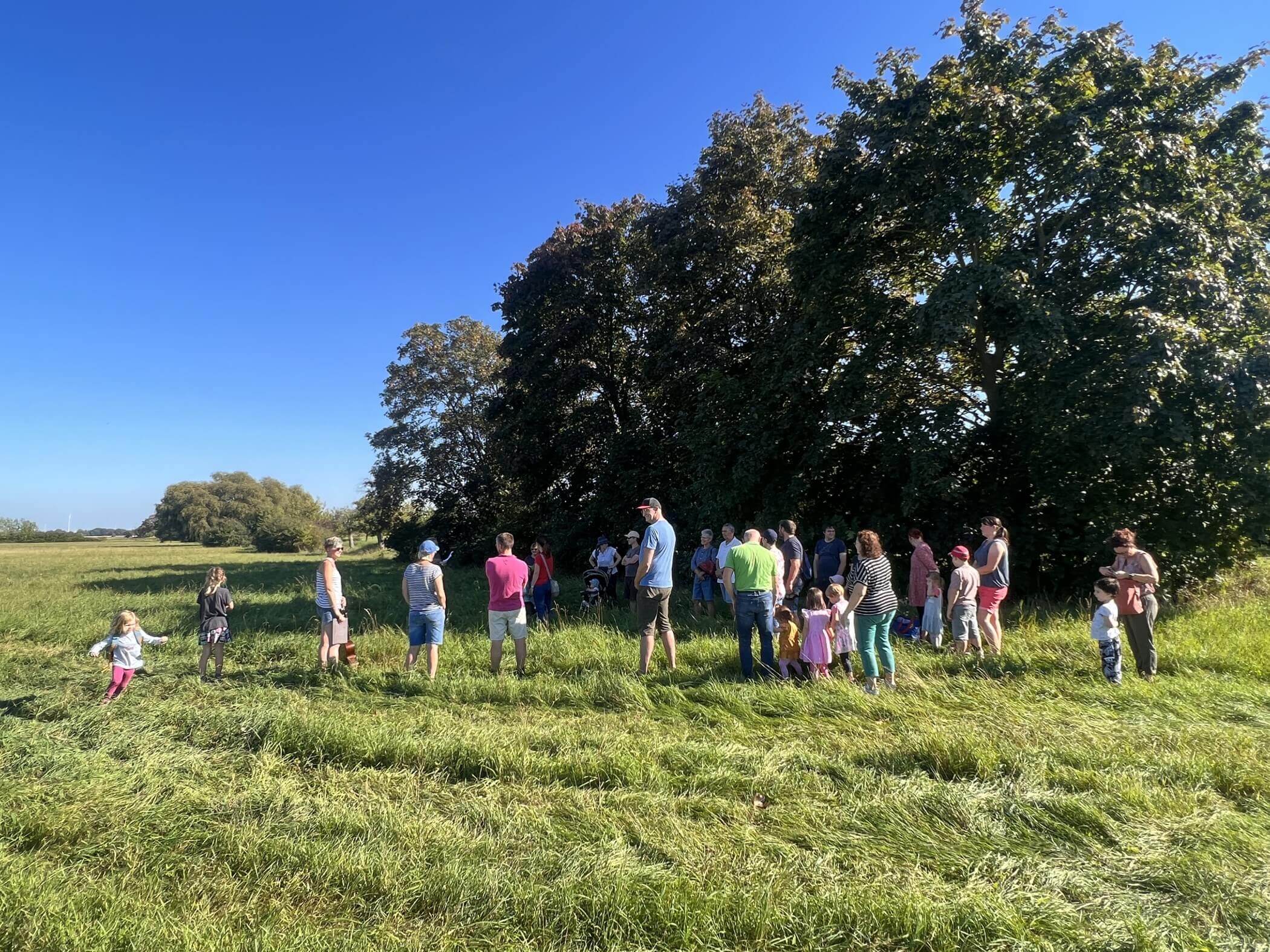 Menschen stehen auf einer grünen Wiese