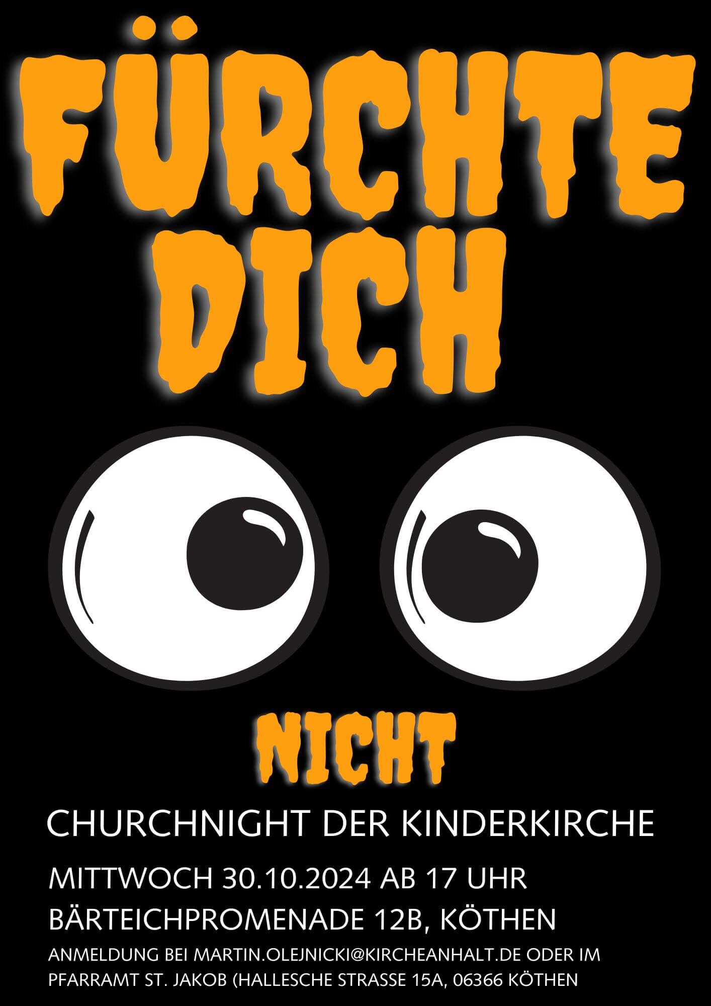 Plakat für die Einladung zur Churchnight mit zwei ängstlichen Augen und dem Schriftzug 