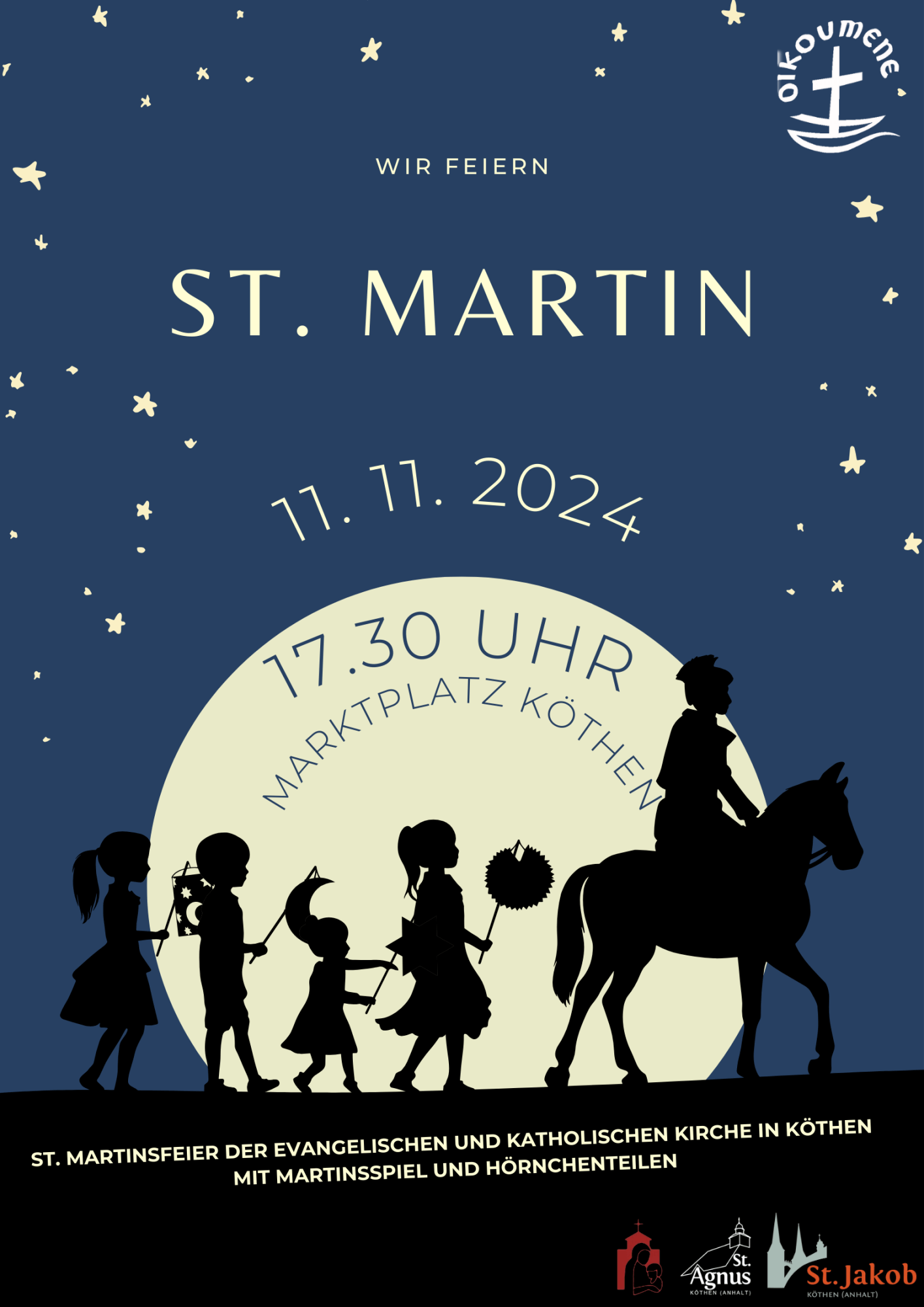 Plakat für St. Martin mit einem Vollmond vor dem ein Reiter auf einem Pferd und ihm nachfolgende Kinder als Schatten zu sehen sind.